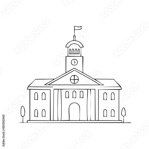 Illustrated government building with clock tower, simple outline of municipal architecture landmark, front view of local building