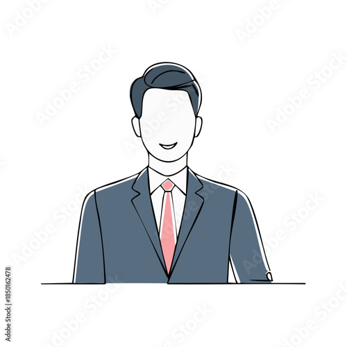 Line art illustration of a smiling businessman in suit and tie, faceless male figure