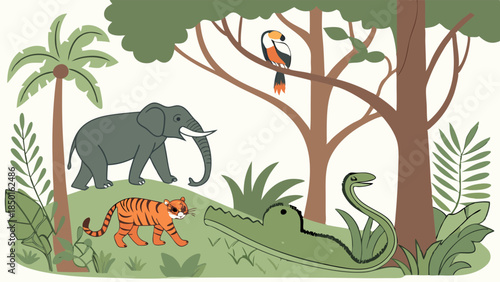 Vibrant Jungle Animals Vector Illustration with Elephant Tiger Crocodile Snake Toucan in Tropical Forest for Kids Education Wildlife Conservation Travel