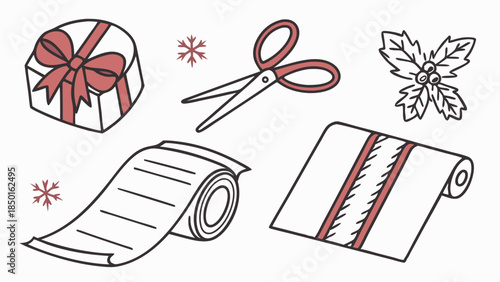 Festive Holiday Gift Wrapping Supplies Doodle Illustration with Presents Scissors Paper Holly and Shopping List for Christmas Marketing and Crafts