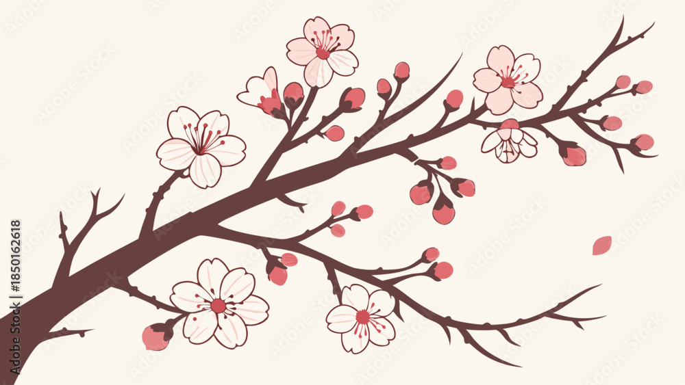 Fototapeta premium Delicate Pink Cherry Blossom Branch Blooming for Spring Web Design, Elegant Wedding Invitations, and Serene Beauty Product Packaging