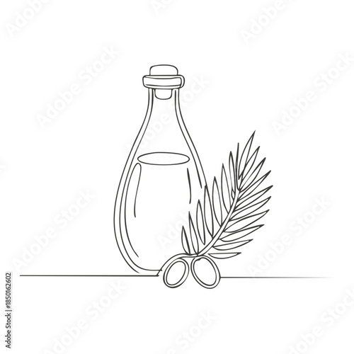 Olive oil in glass bottle with cork stopper and a branch with olives – vector line art illustration