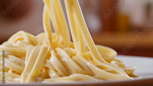 Creamy fettuccine pasta twirled on a fork, showcasing delicious Italian cuisine. Perfect for food lovers and culinary enthusiasts
