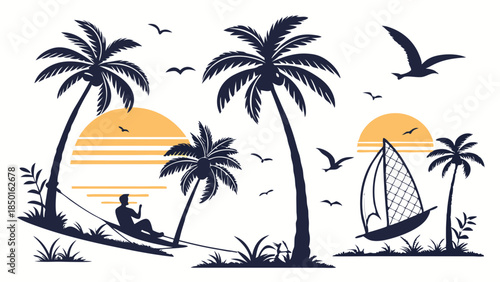 Tropical Beach Sunset Silhouette Vector Illustration with Palm Trees, Person Relaxing in Hammock, Sailboat, Birds for Summer Vacation Travel Design