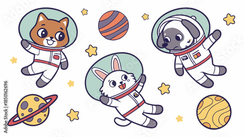 Cute Cartoon Animals Astronauts Floating in Space. Playful Dog Cat Rabbit Characters Exploring Planets and Stars. Whimsical Kids Illustration.