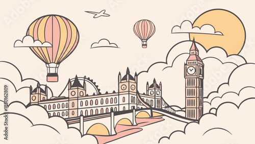Explore Dreamy London Cityscape Illustration with Hot Air Balloons Tower Bridge Big Ben for UK Travel Blogs and Tourism Marketing