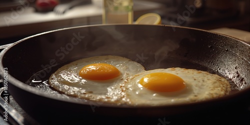 Fried eggs cooking in a pan highlighting breakfast preparation, heat control, and culinary steps, World Breakfast Day