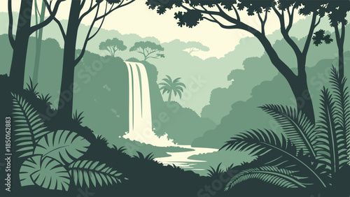 Lush Tropical Rainforest Landscape with Flowing Waterfall and Serene River. Exotic Nature Background for Travel, Ecology, and Wellness.