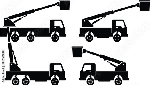 Bucket truck silhouettes, aerial work platform vehicles, hydraulic lift trucks set, utility maintenance machinery icons isolated on white background