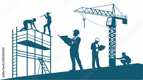 Architects Engineers and Construction Workers Building Urban Development Project Team Collaborating on Infrastructure Planning and Growth