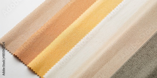Close up of textile fabric samples with warm tones used as interior materials, sunproof feature for durability