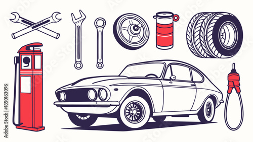 Classic Sports Car Mechanic Tools Gas Pump Flat Design for Automotive Service and Vehicle Repair Business