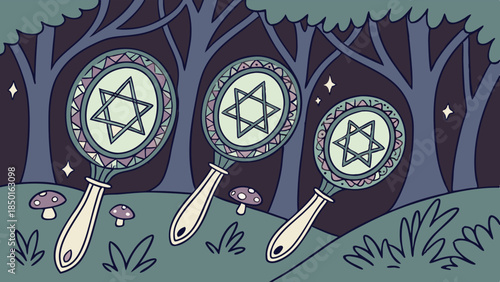 Mystical Star of David Mirrors in Enchanted Forest for Jewish Spirituality, Identity, and Self-Reflection Illustration