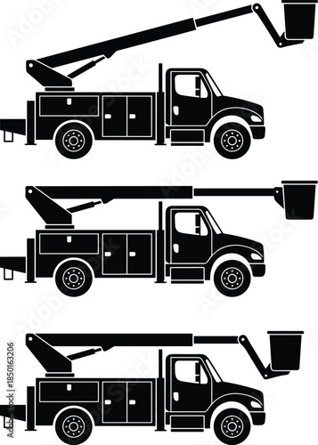 Bucket, truck, silhouettes, aerial, lift, cherry, picker, utility, vehicle, boom, arm, maintenance, construction, access, height, equipment, vector, illustration, set, isolated