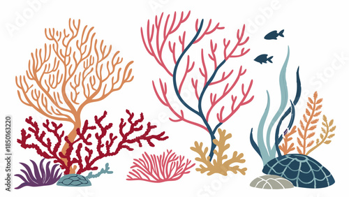 Colorful Tropical Coral Reef and Sea Plants Illustration for Marine Life Education Ocean Conservation and Web Design Projects