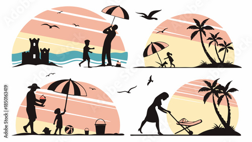 Happy Families Enjoying Summer Beach Vacation Silhouettes. Parents and Children Relaxing on Tropical Holiday Getaway. Travel and Leisure Lifestyle.