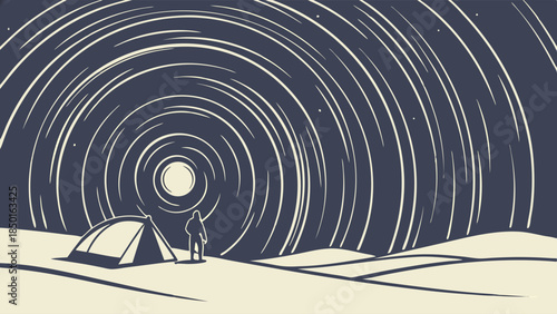 Stargazer Camping Under Star Trails Night Sky in Desert. Peaceful Outdoor Adventure for Travel, Wellness, and Astronomy Content