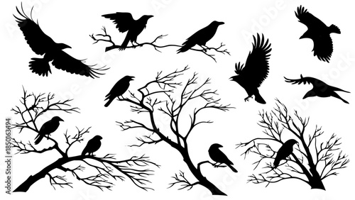 Dramatic Raven Crow Eagle Silhouettes Flying and Perching on Bare Tree Branches. Autumn Winter Wildlife Graphic Elements for Design.