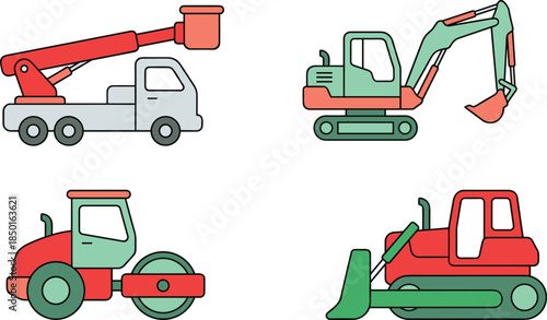 Colorful construction machinery icon set with crane truck, excavator, road roller, bulldozer illustration isolated white background flat design