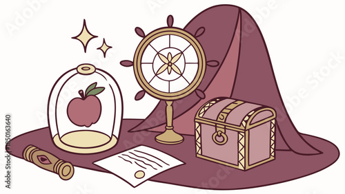 Mystical Fantasy Objects: Witch Hat, Treasure Chest, Enchanted Apple, Compass Wheel. Ideal for Adventure Games, Books, and Creative Design.
