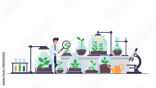 Scientist carefully examines young plants growing in controlled environments within a modern laboratory setting.
