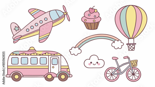 Dreamy Pastel Pink Travel and Adventure Elements Set for Kids Party Invitations Nursery Decor and Baby Shower Design