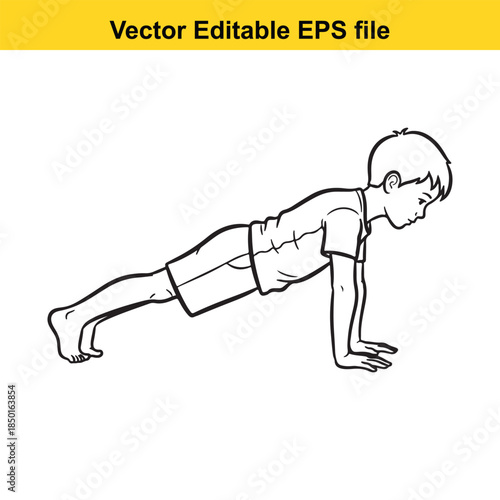  vector illustration of a boy doing pushups in a simple line drawing style