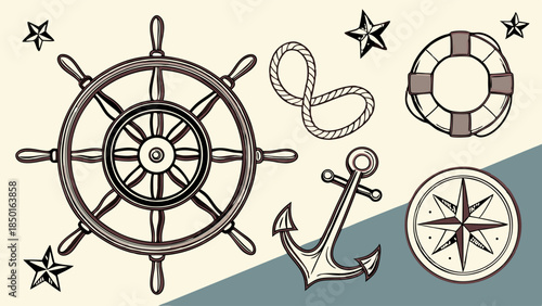 Vintage Nautical Elements Set Ship Wheel Anchor Lifebuoy Compass for Summer Travel Adventure Branding Web Design