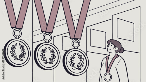 Ambitious Woman Athlete with Medal Looking at Wall of Awards for Future Victory and Achievement