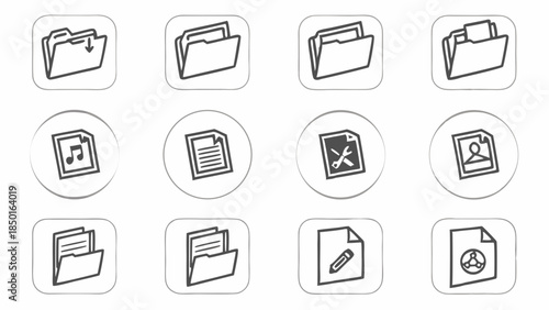 Hand Drawn Outline Folder and File Icons Set. Sketchy UI UX Elements for Document Management, Web Design, App Interface, Data Organization, Business Technology.