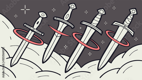 Four Swords Standing in Clouds with Red Energy Rings Under Starry Sky for Strategic Planning and Spiritual Insight