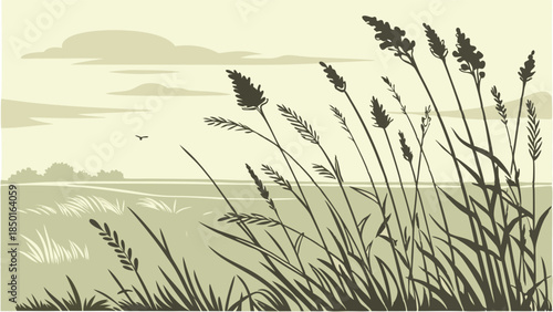 Tall Grass Swaying in Wind. Peaceful Open Field Landscape Illustration for Nature, Wellness, and Environmental Design.
