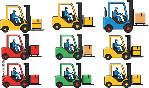 Colorful forklift icon set, warehouse material handling vehicles, industrial logistics equipment collection, flat vector illustrations, operators lifting boxes, isolated background