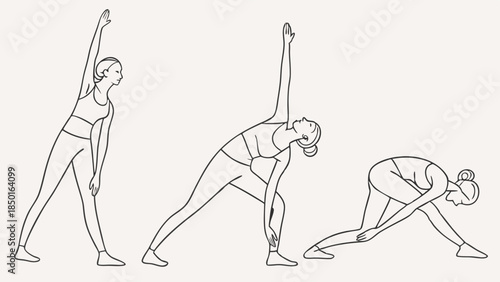 Woman Practicing Yoga Poses Sequence. Stretching and Flexibility Workout for Health and Wellness. Minimalist Line Art for Fitness Apps and Websites.