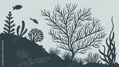 Underwater Coral Reef Silhouette with Fish and Sea Plants. Peaceful Ocean Ecosystem Background for Environmental Education and Web Design.