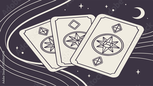 Mystic Tarot Cards Illustration for Spiritual Guidance and Fortune Telling. Celestial Night Sky with Stars and Moon for Destiny Insight