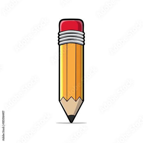 Cartoon style yellow graphite pencil illustration featuring a pink eraser for writing or drawing with a sharp point