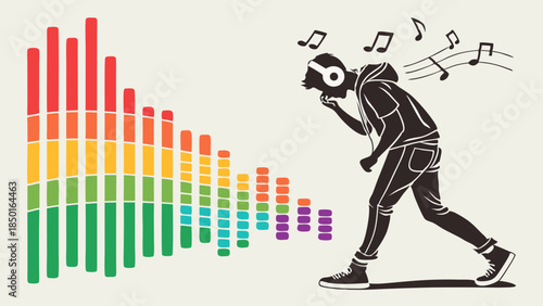 Energetic Person with Headphones Enjoying Music and Vibrant Sound Equalizer. Dynamic Audio Experience for Streaming, Music Apps, Entertainment.