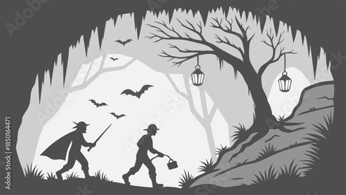 Fantasy Adventurers Exploring Mysterious Enchanted Cave Forest Silhouette with Bats and Lanterns for Gaming and Storytelling