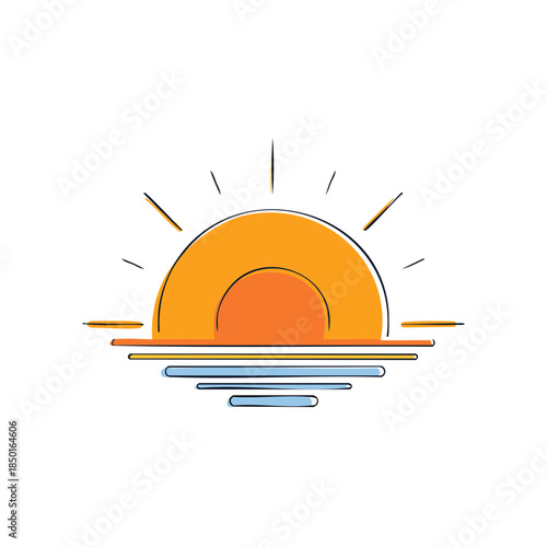 Vibrant Sun Rising Over Water, Artistic Illustration, Minimalist Design