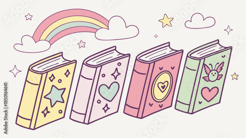 Cute Pastel Books with Whimsical Rainbow and Stars. Children's Imaginative Reading Playful Storytelling and Early Childhood Education for Creative Learning.