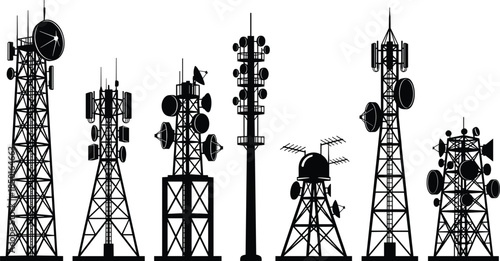 Communication tower silhouettes, antenna types, satellite dishes, telecom infrastructure, wireless signal, broadcasting system, mobile network, black and white illustration