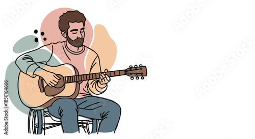 Bearded Man in Wheelchair Playing Guitar with Soulful Vibe Vector