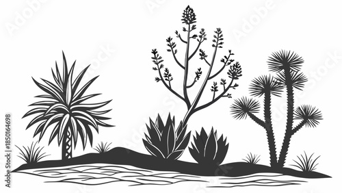 Desert Plants Silhouette Illustration. Arid Landscape Vector Art with Palm Tree, Cactus, and Succulents. Natural Botanical Design for Web, Branding, and Print.