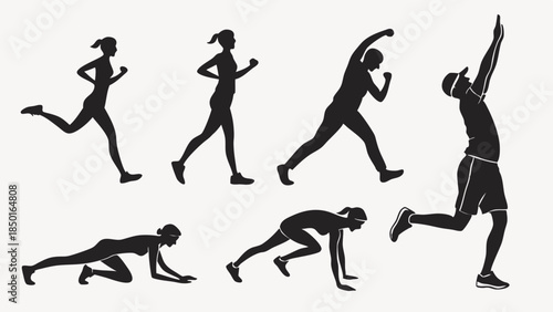 Dynamic Fitness Silhouettes of Active People Running Jumping Exercising Training Healthy Lifestyle Sport Gym App Web Design