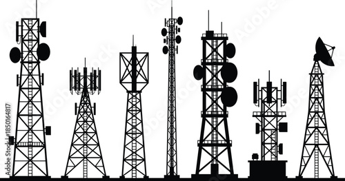 Communication tower silhouettes, broadcast antennas, cellular network, wireless infrastructure, parabolic dishes, telecom structures, black and white illustration, signal transmission systems