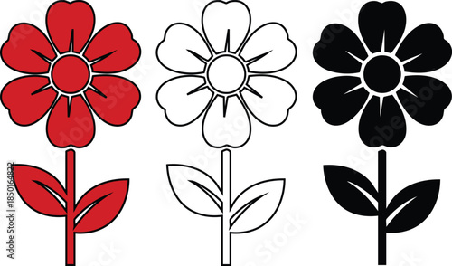 Three floral designs featuring a red flower with stem and leaves, a black outline flower with stem and leaves, and a solid black flower with stem and leaves on a transparent background