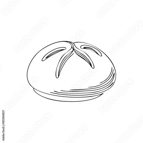 Elegant Sketch of a Crusty Bun Round Shaped Bread Roll Black and White Illustration Baked Good Food Item