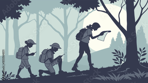 Young People Learning Navigation Skills Exploring Forest with Map and Digital Devices Outdoor Adventure and Personal Growth Journey Illustration