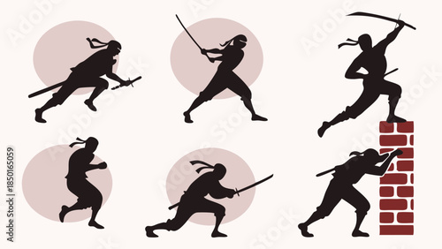Dynamic Ninja Warrior Silhouettes in Action Poses Running Fighting and Climbing for Martial Arts Training Gaming Fitness Apps and Web Design Projects